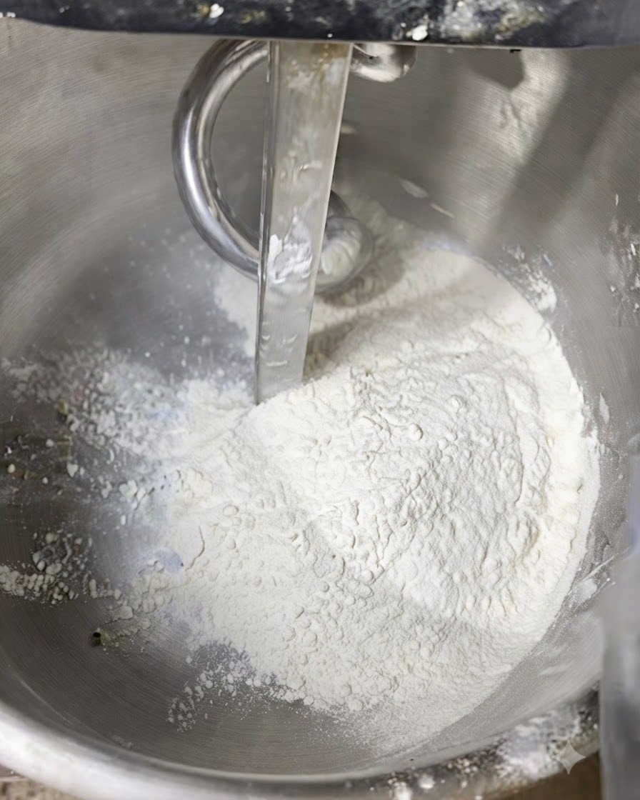 Ingredientes secos y líquidos combinados en el bol de una batidora de pie.