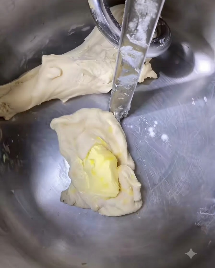 Mantequilla añadida a la masa dentro del bol de mezcla.