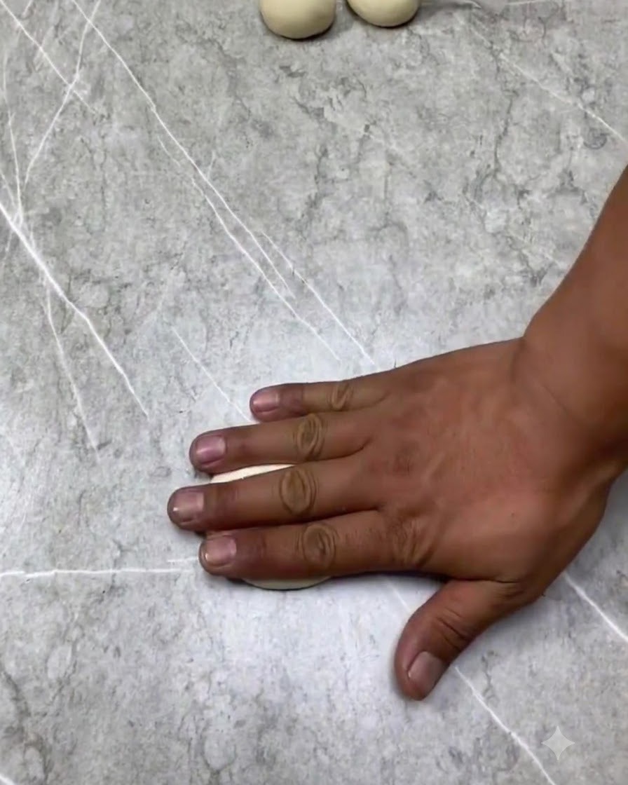 Una mano aplanando una bola de masa en la encimera.