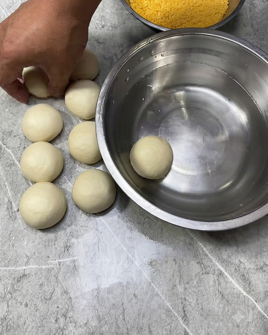 Bolas de masa junto a un bol de agua y pan rallado durante el proceso de rebozado.