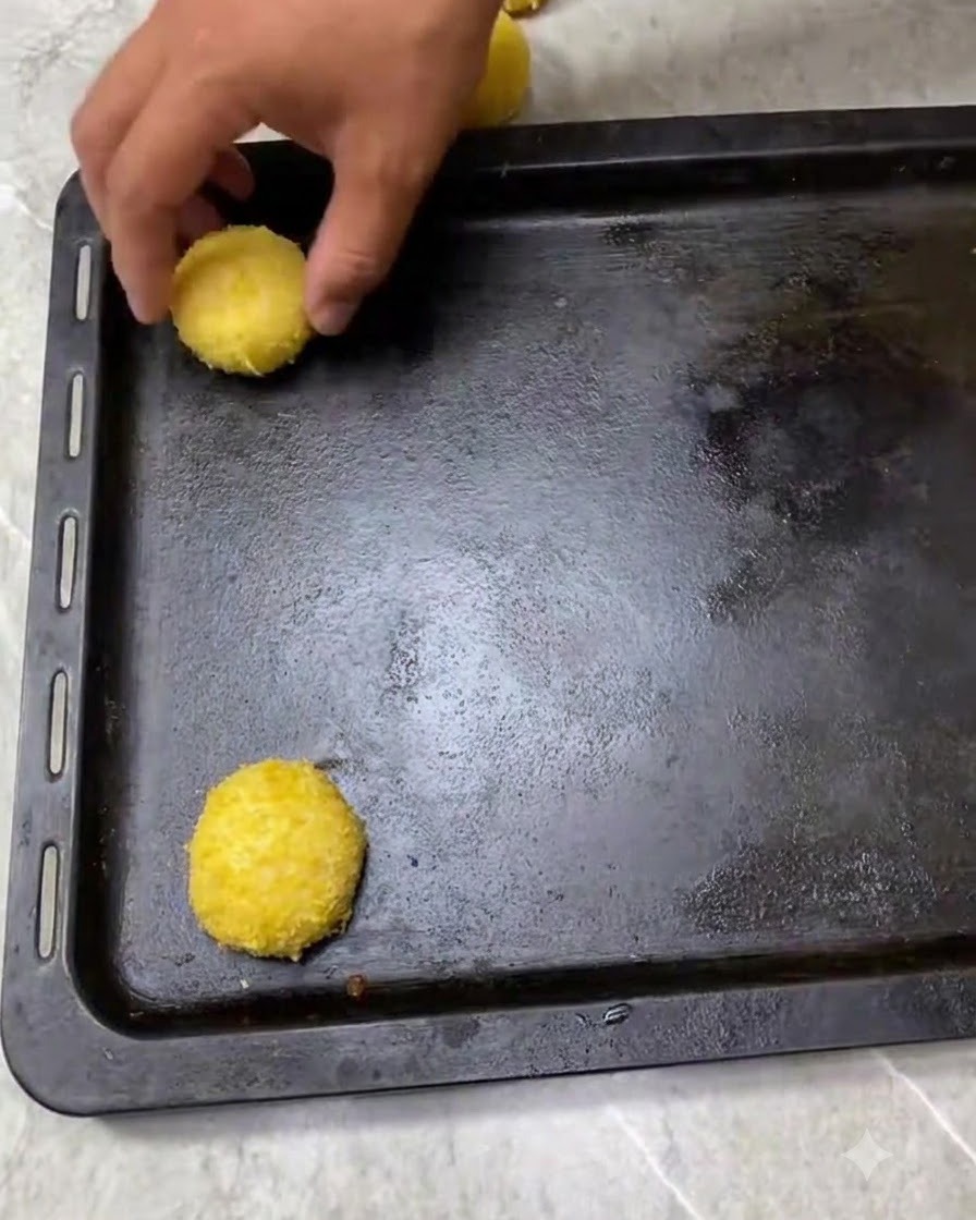 Bolas de masa recubiertas de pan rallado espaciadas ordenadamente en una bandeja de horno oscura, listas para la fermentación.