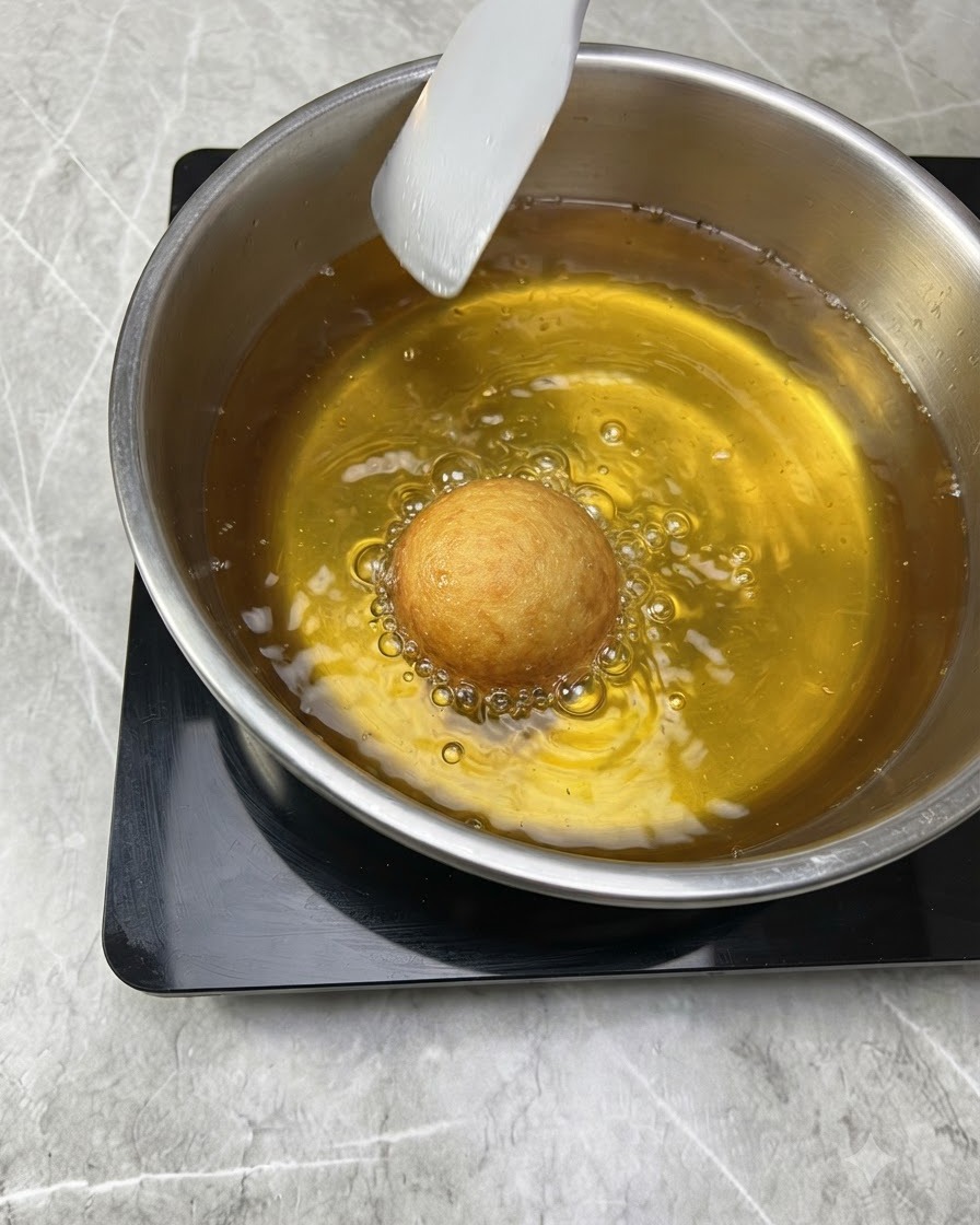 Una sola bola de masa friéndose en aceite dorado hirviendo dentro de una olla de acero inoxidable.