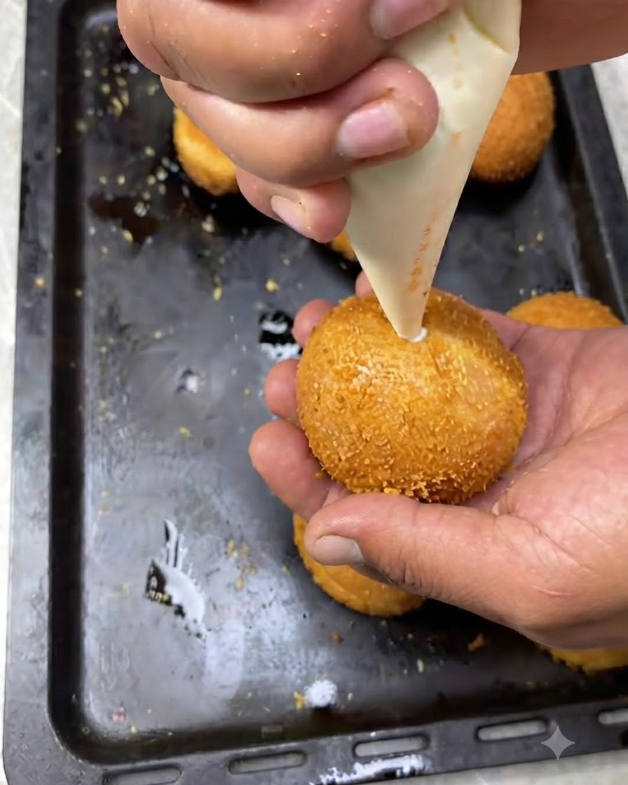 Una manga pastelera inyectando relleno cremoso blanco en el agujero central de una hamburguesa frita dorada sostenida en la mano.