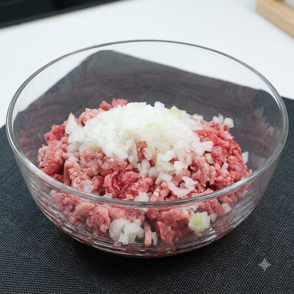 Ajo en polvo, sal, pimienta y salsa Worcestershire oscura reposando sobre la mezcla cruda de carne picada y cebolla en un tazón de vidrio.