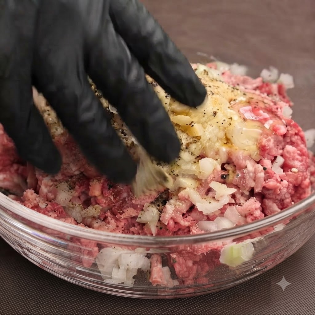 Una mano con guante negro amasando y mezclando carne picada cruda de res, cerdo y condimentos dentro de un tazón de vidrio.