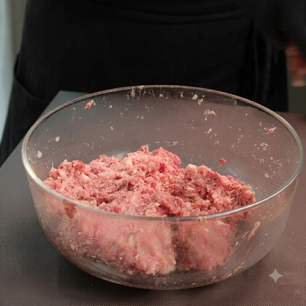 Una porción de relleno de carne siendo pesada en una báscula y moldeada en forma de bola.