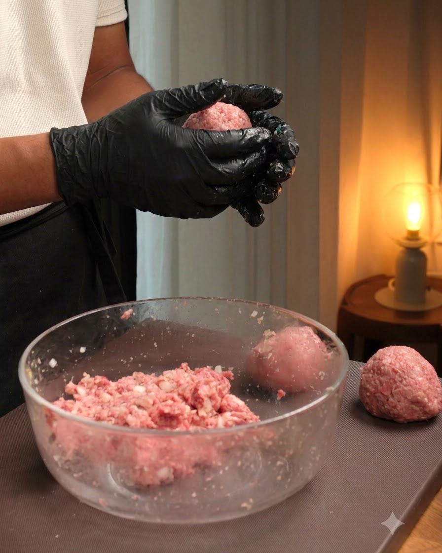 Una bola de carne siendo moldeada y compactada firmemente en una hamburguesa redonda usando un molde.