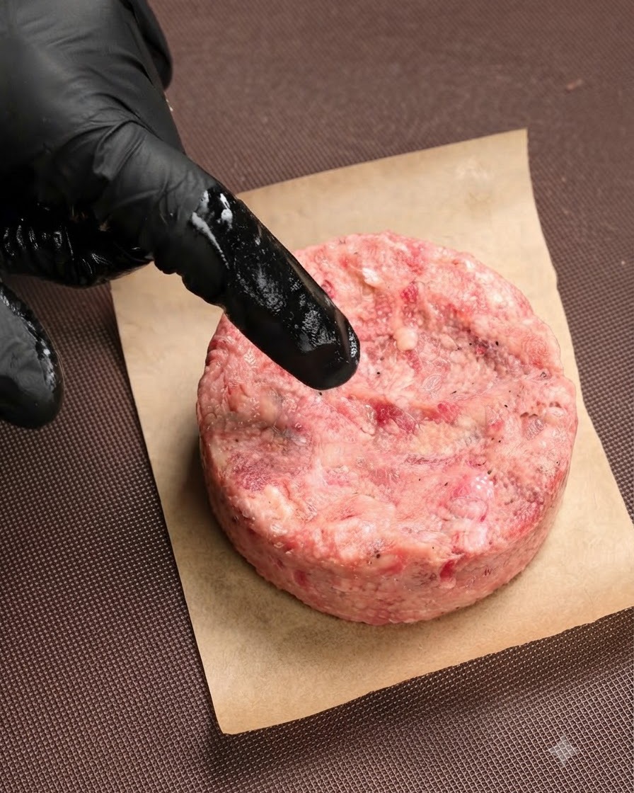 Un dedo enguantado presionando una pequeña hendidura en el centro de una hamburguesa cruda reposando sobre papel pergamino.