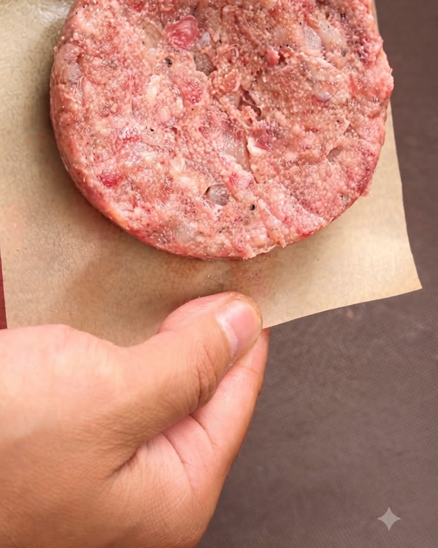 Varias hamburguesas crudas moldeadas y separadas con papel pergamino dentro de una bandeja de almacenamiento.