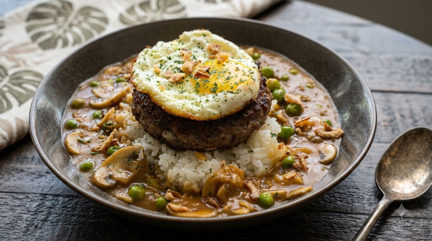 Loco Moco Hawaiano de Carne y Arroz