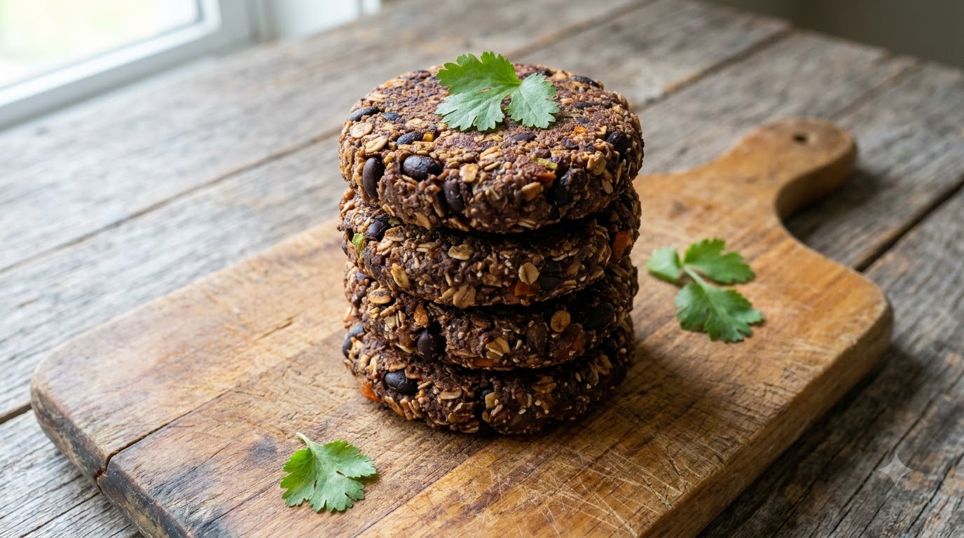 Una alta torre de hamburguesas caseras oscuras de frijoles negros y avena con verduras sobre una tabla de cortar de madera