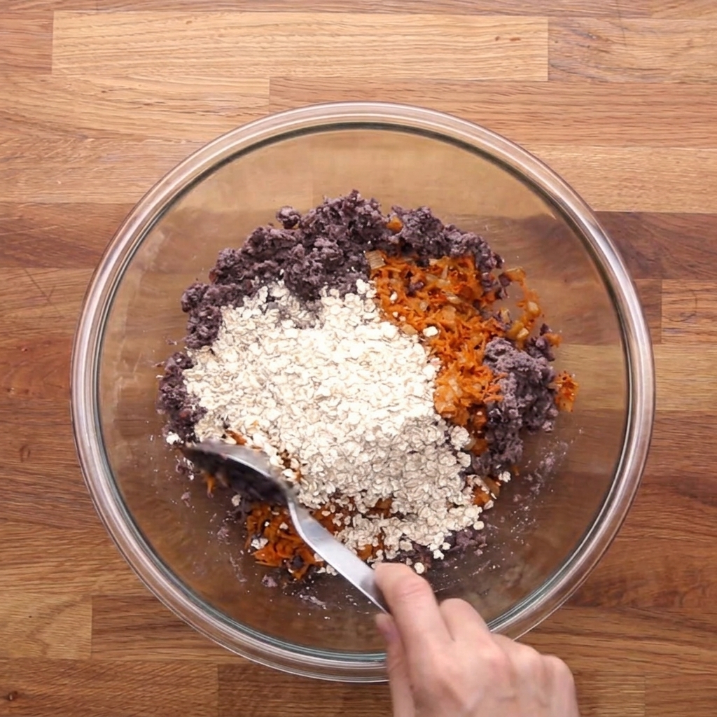 Avena instantánea siendo vertida desde una cuchara en un tazón de vidrio con frijoles negros y verduras.