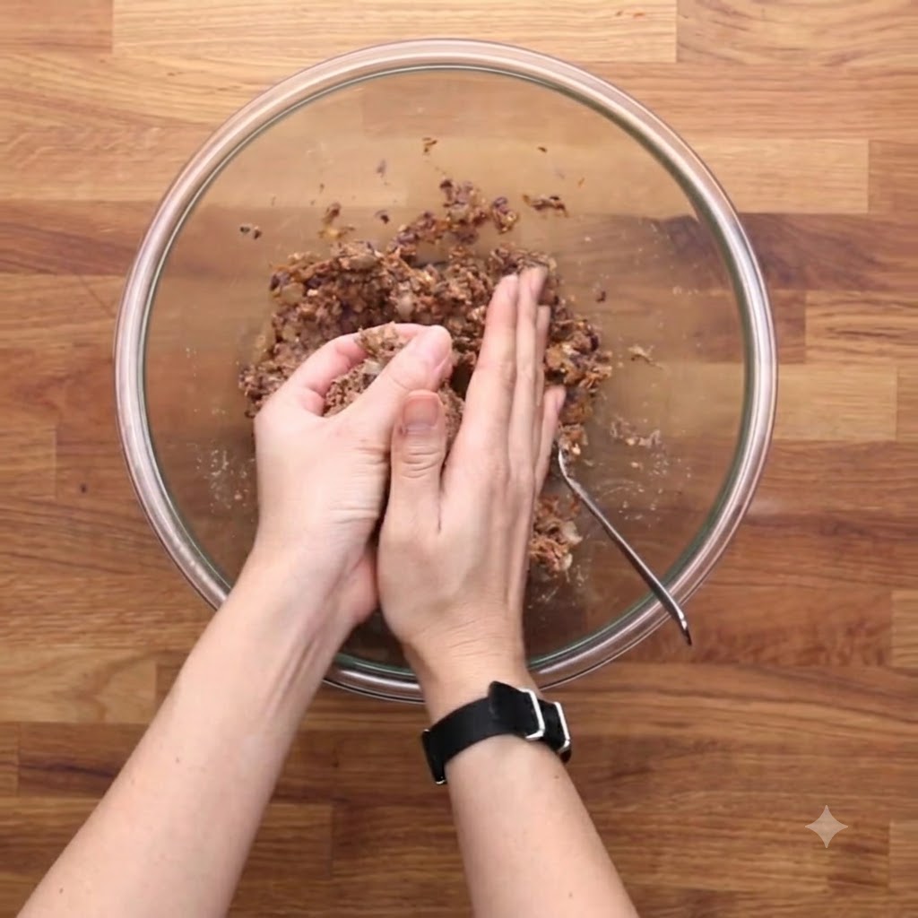 Manos dando forma a una hamburguesa de frijoles negros dentro de un tazón de vidrio.
