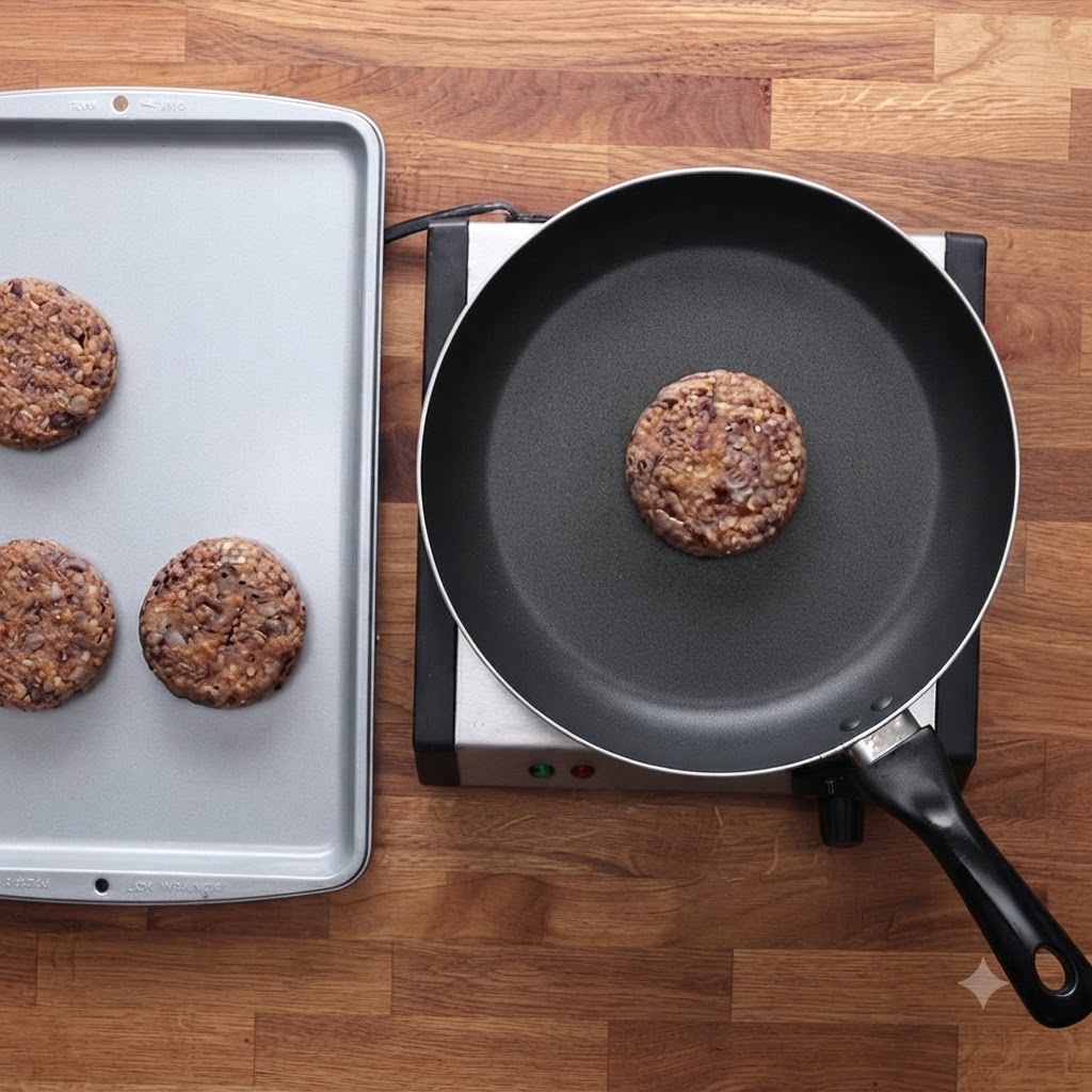Hamburguesas de frijoles negros reposando en una bandeja para hornear junto a una sartén con una hamburguesa cocinándose.
