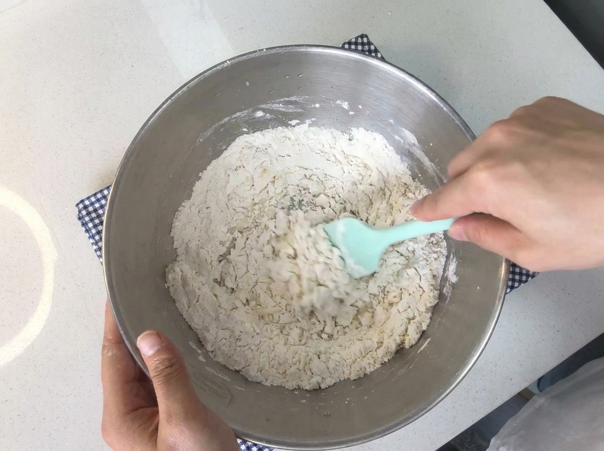 Manos amasando y mezclando enérgicamente los ingredientes de la masa dentro de un tazón de acero inoxidable.