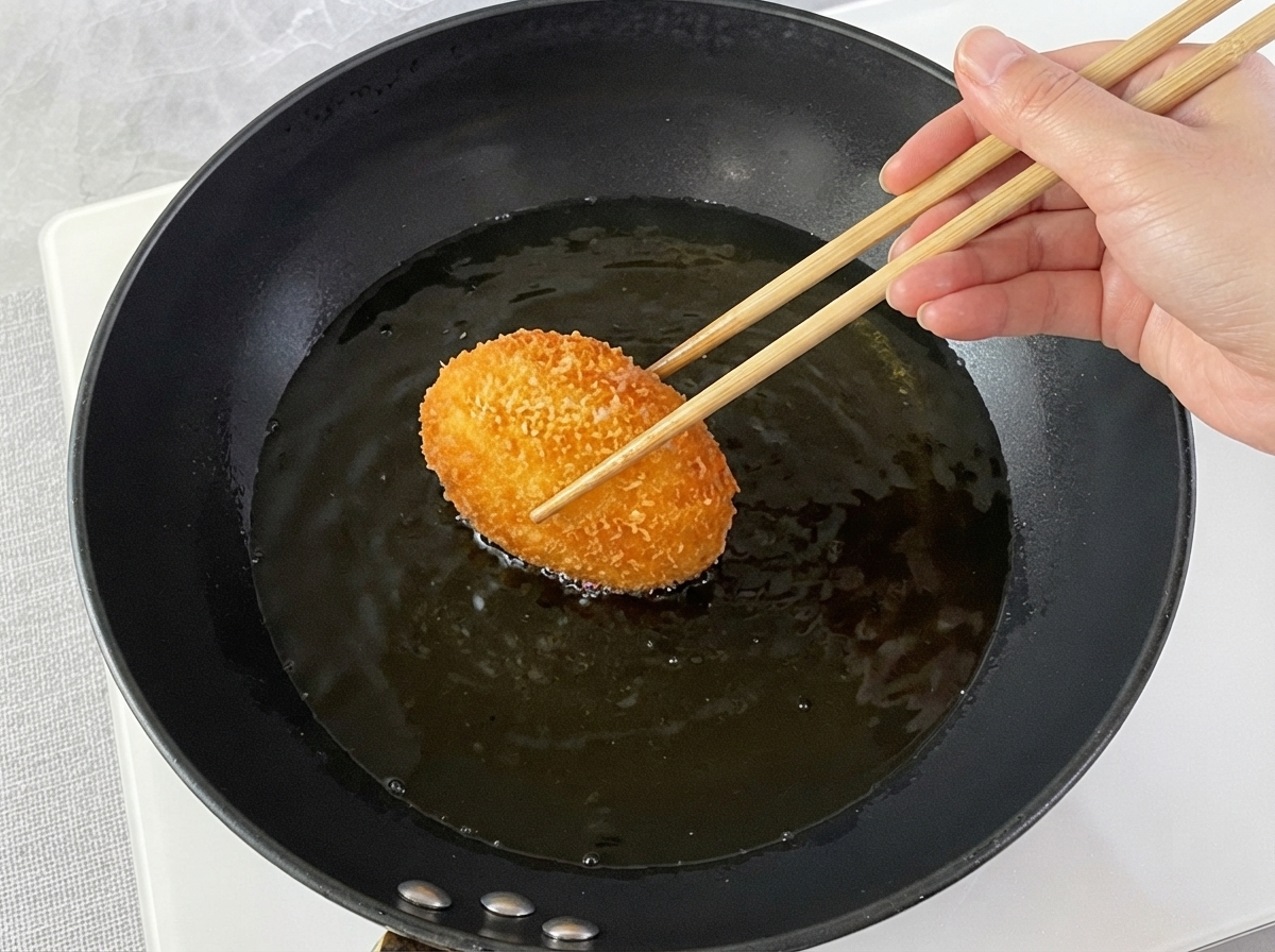 Una bola de masa siendo recogida con palillos después de ser cubierta con pan rallado y frita en aceite caliente.