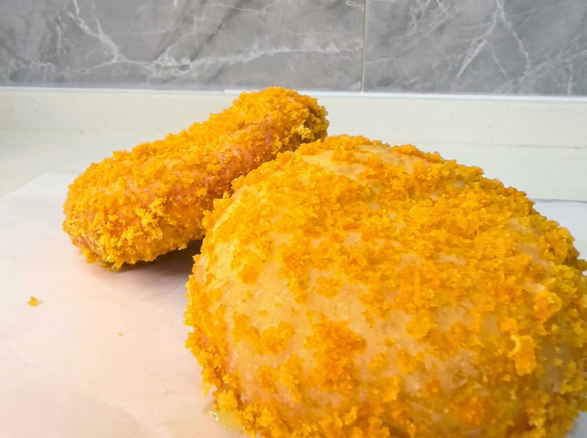 Bolas de masa empanizadas y reposadas siendo aplanadas suavemente en una bandeja.