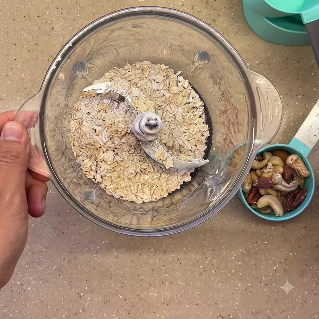 Avena en hojuelas seca dentro del vaso de una licuadora de vidrio junto a una taza medidora de nueces.