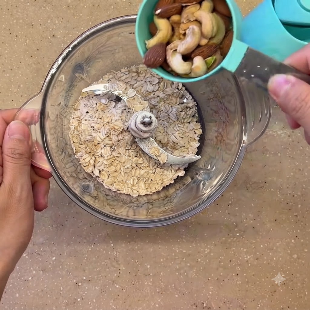 Frutos secos mixtos siendo vertidos en una licuadora llena de avena en hojuelas.