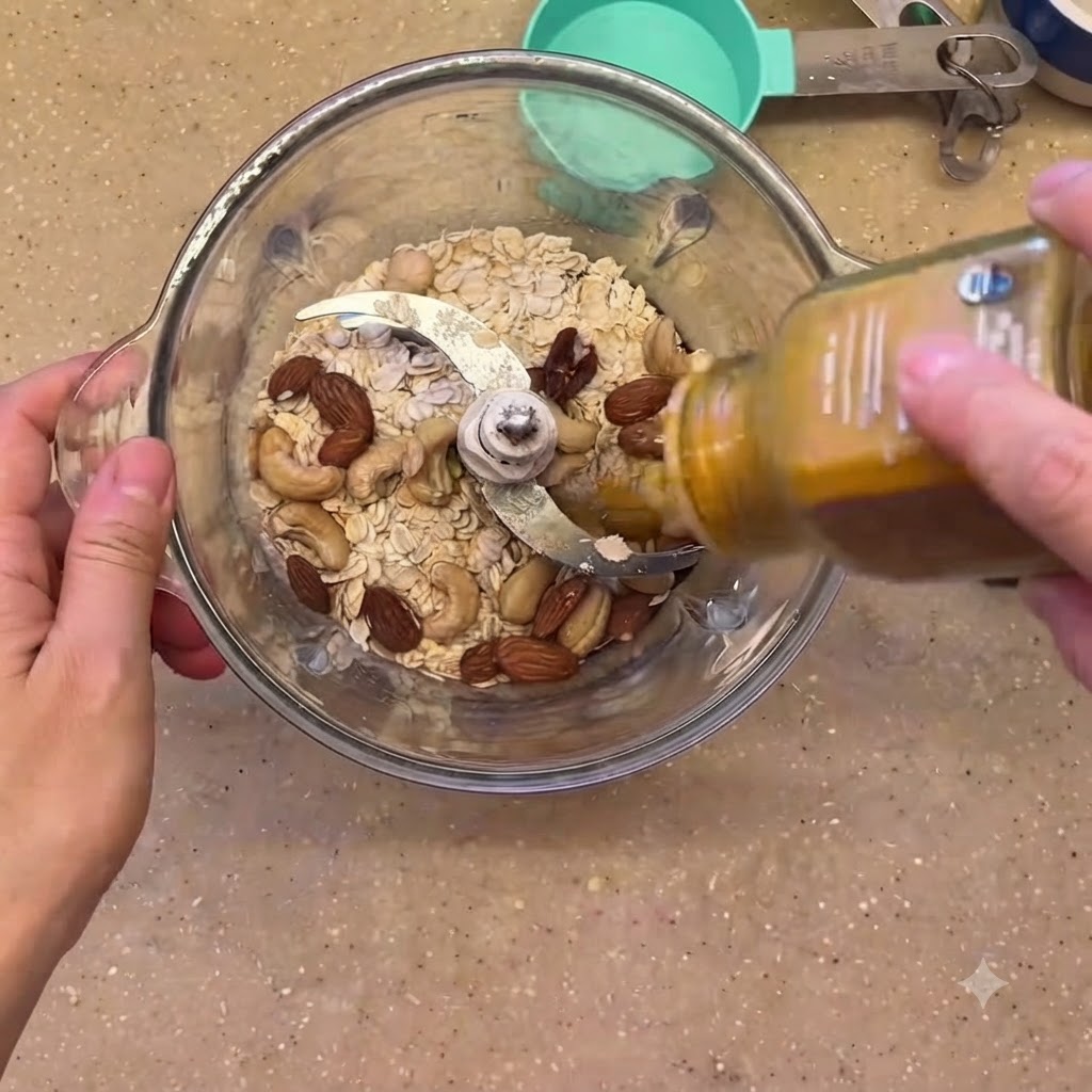 Cúrcuma en polvo siendo agitada desde un recipiente hacia el interior de la licuadora.