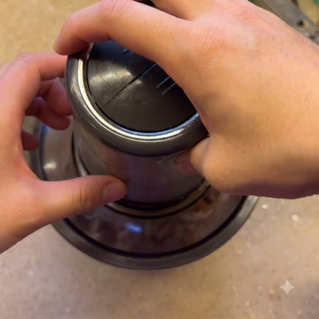 Manos operando de forma segura una licuadora llena de avena y nueces.