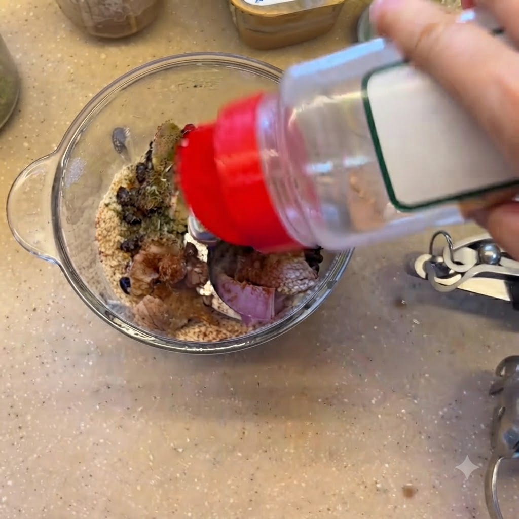 Ajo en polvo siendo sacudido desde una botella hacia el vaso de la licuadora que contiene el resto de los ingredientes.