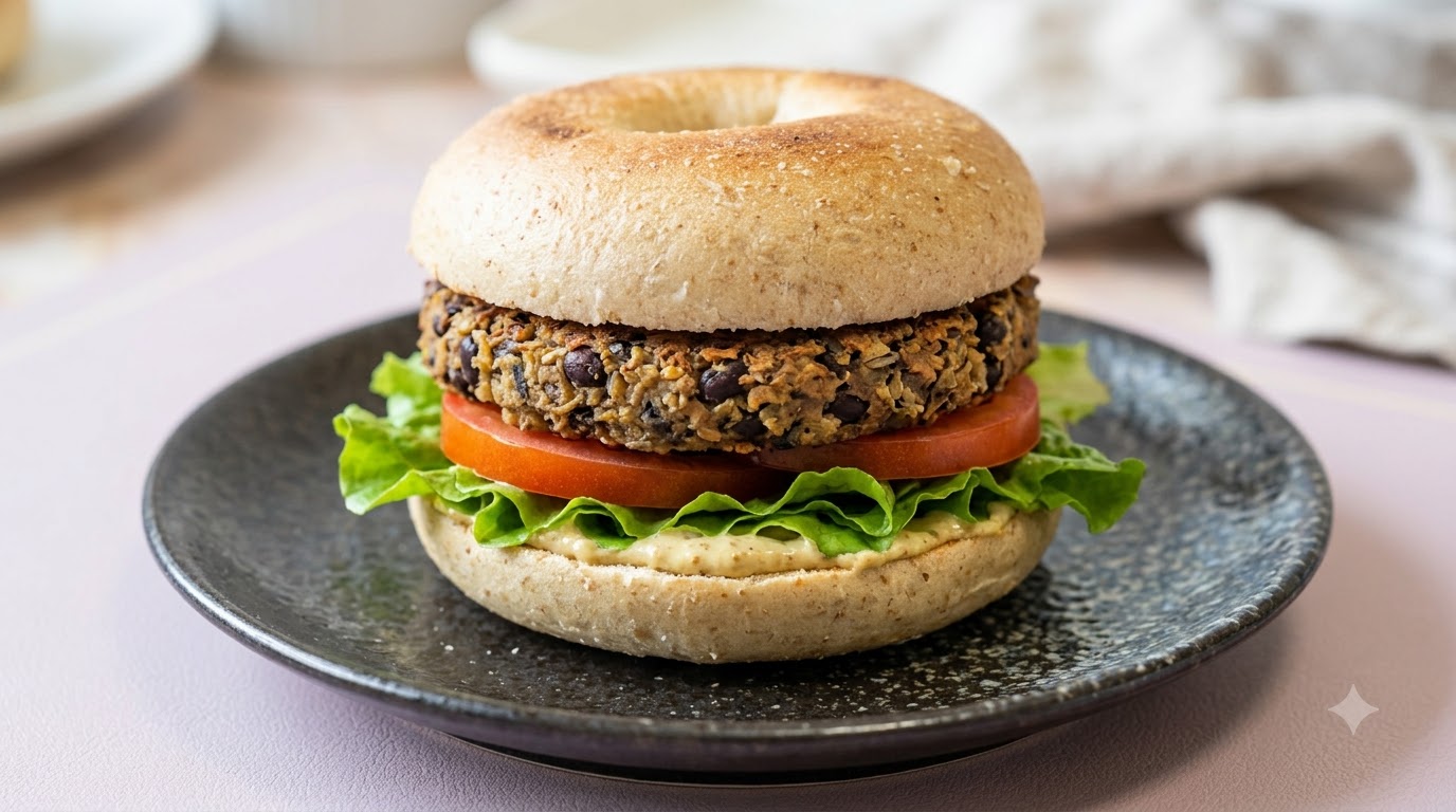 Una hamburguesa vegana de frijoles negros completamente armada sobre un plato oscuro, con un panecillo integral, una hamburguesa de frijoles negros cocida, una rodaja de tomate y lechuga fresca.