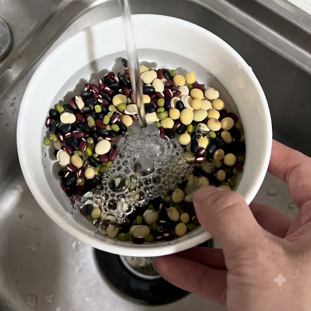 Agua corriendo de un grifo hacia un tazón blanco lleno de una mezcla de frijoles multicolores.