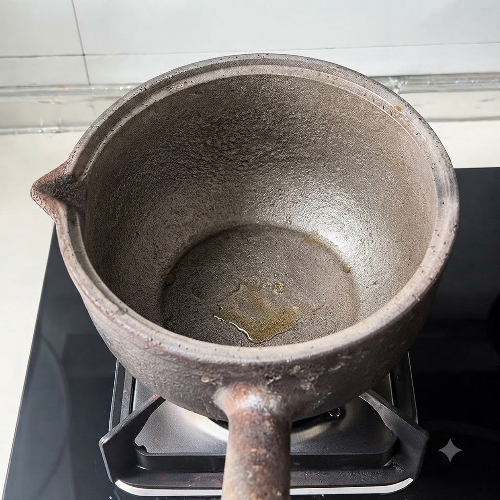 Una olla de barro tradicional vacía sobre el quemador de una estufa con una pequeña cantidad de líquido en el fondo.