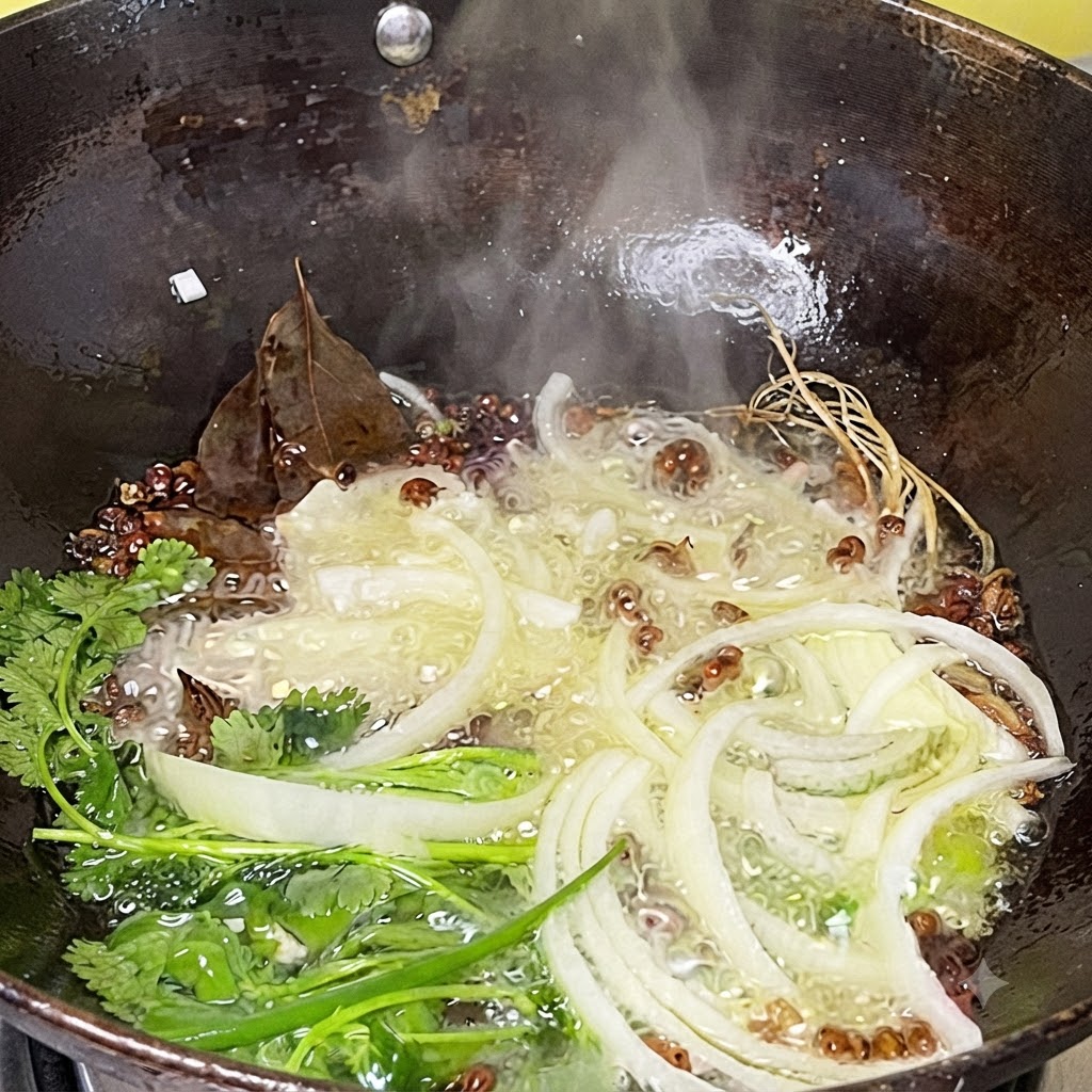 Cebollas rebanadas y especias enteras chisporroteando y liberando vapor en aceite caliente dentro de un wok hondo.