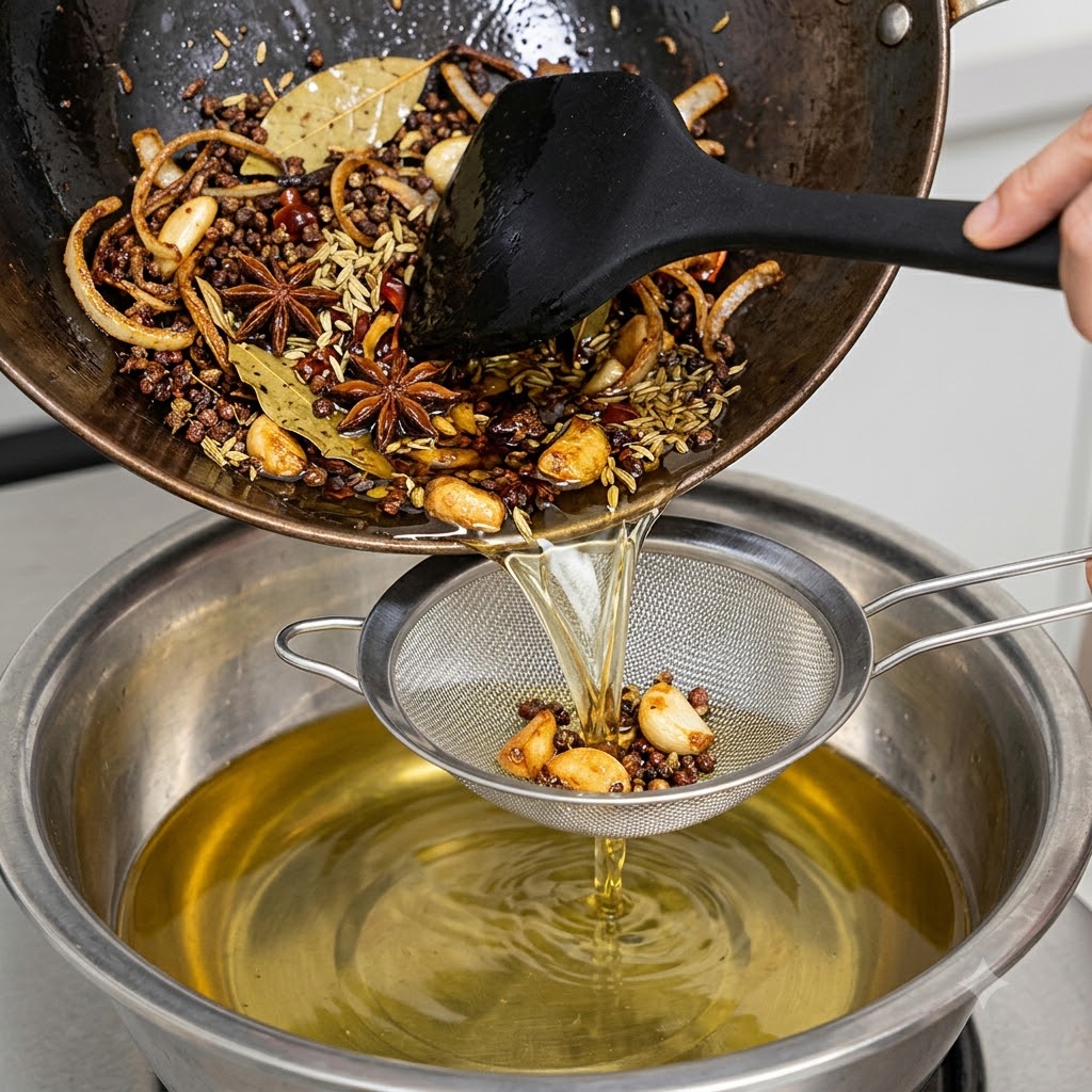Aceite especiado vertiéndose desde un wok a través de un colador de malla de alambre hacia un tazón grande de metal.