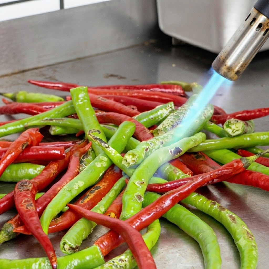 Una llama azul de un soplete ampollando la superficie de chiles rojos y verdes en una mesa de metal.