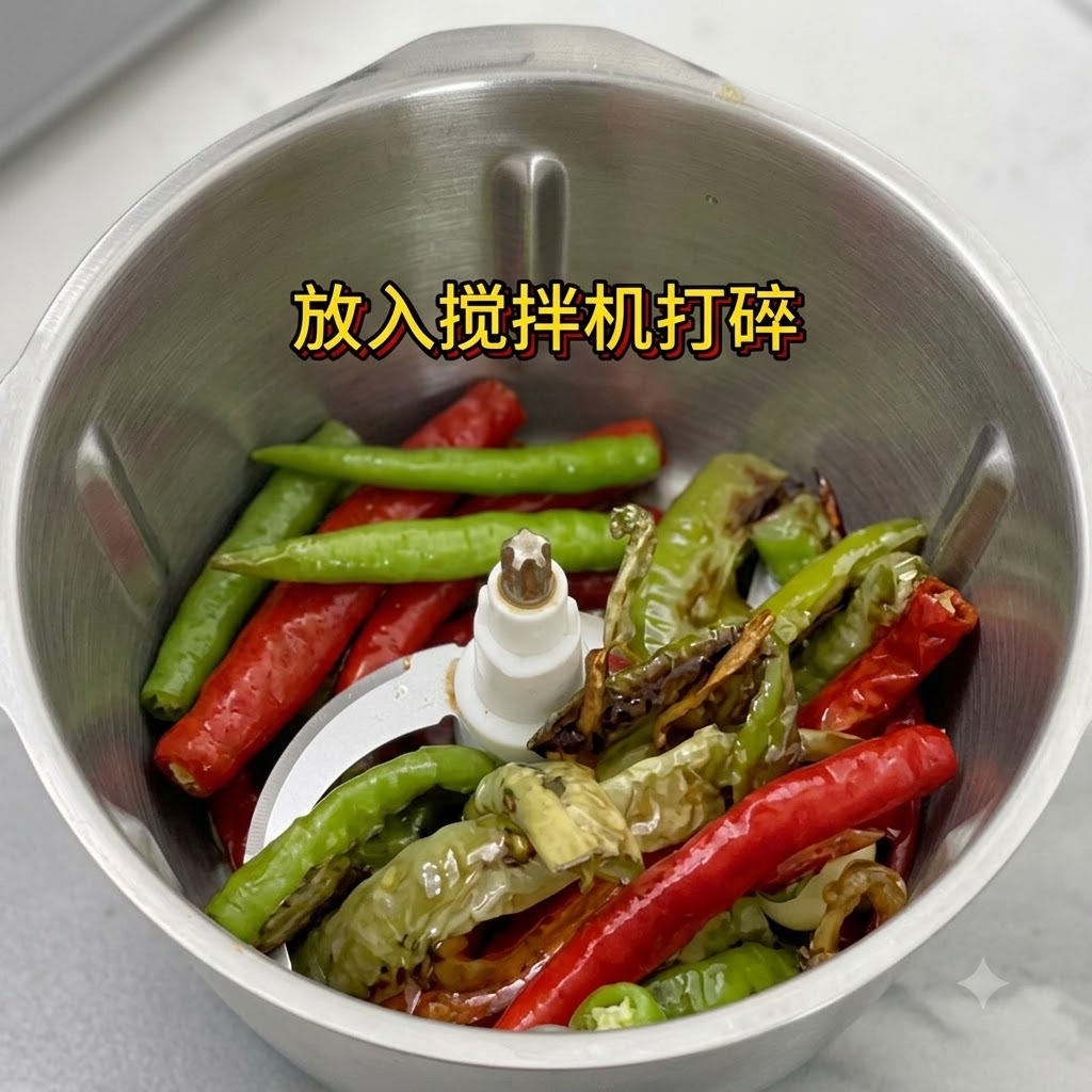 Chiles rojos y verdes cocidos colocados dentro del vaso de una licuadora de acero inoxidable.