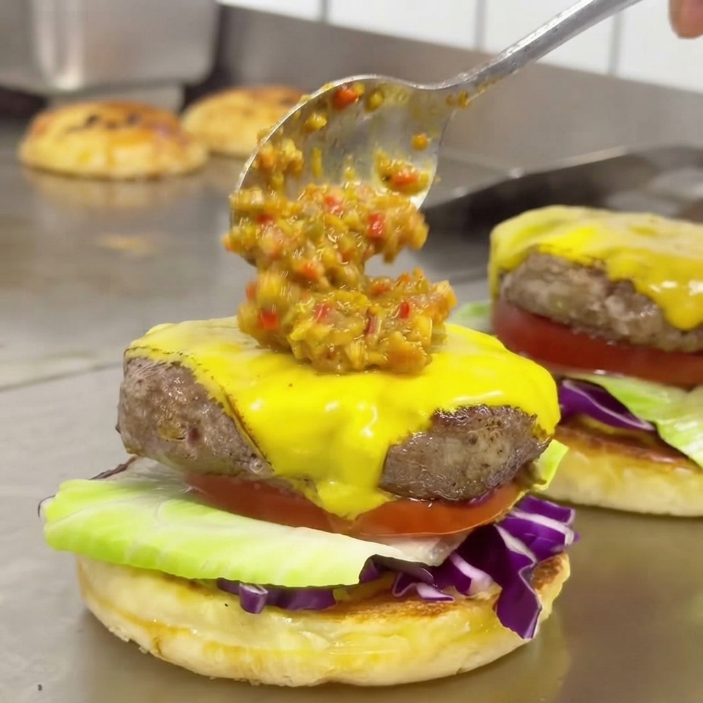 Una cucharada de doble salsa de chile texturizada verde y roja siendo rociada sobre una rebanada de queso amarillo fundido encima de una hamburguesa de res cocida.
