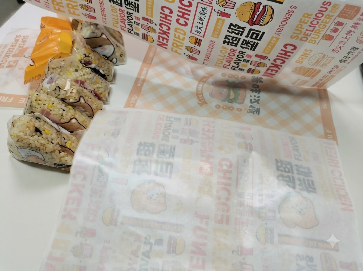 Un envoltorio de hamburguesa colocado plano con el lado estampado hacia abajo y las mitades del pan caliente encima.