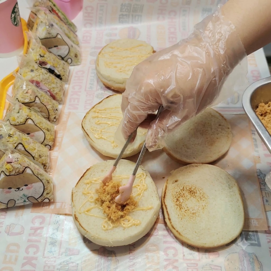Hilo de cerdo siendo colocado cuidadosamente sobre el pan de hamburguesa cubierto de salsa usando pinzas.