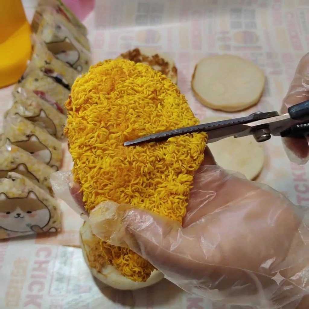 Un filete de pollo crujiente siendo cortado por la mitad con tijeras de cocina.