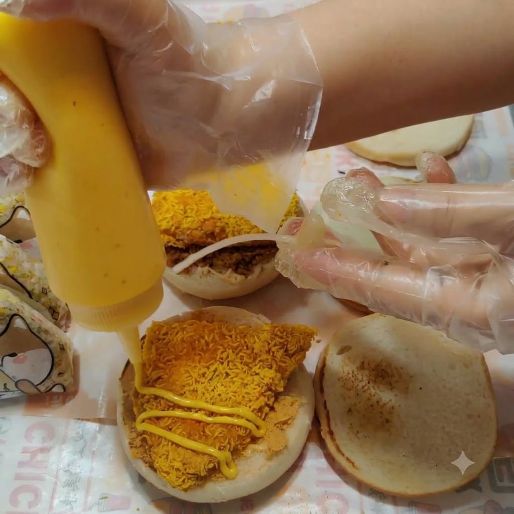 Salsa de miel y mostaza siendo exprimida en un movimiento de zigzag sobre el trozo de filete de pollo.