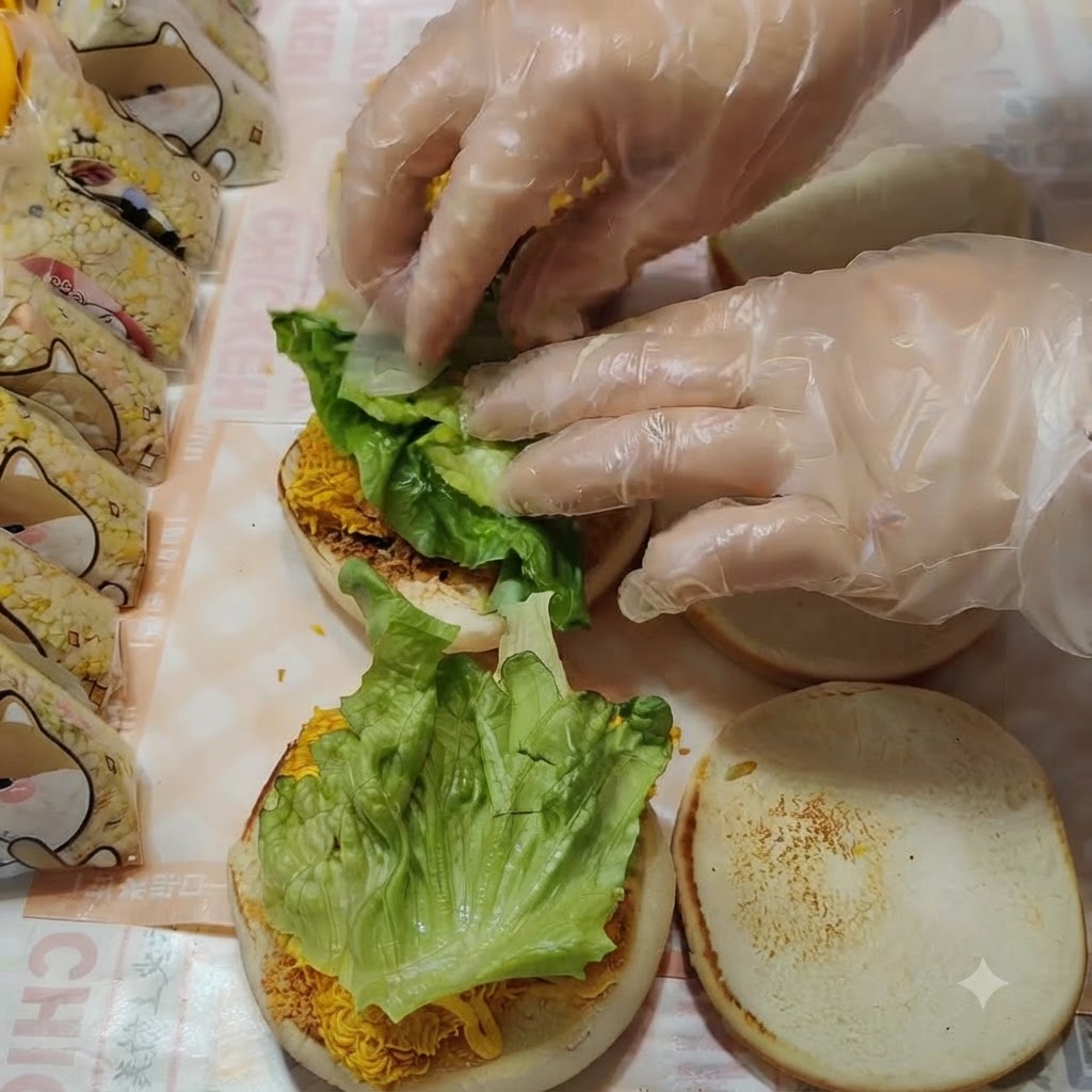 Hojas de lechuga verde fresca organizadas sobre la capa de pollo.