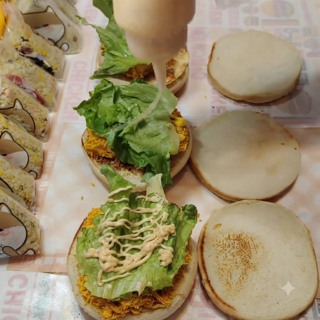 Salsa siendo exprimida de una botella sobre la lechuga verde.