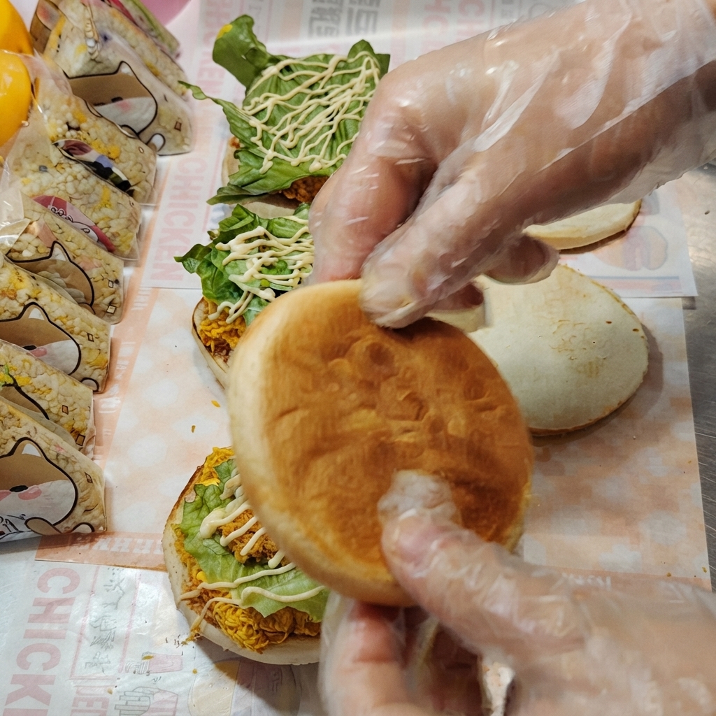 La tapa superior del pan posicionada sobre la base de la hamburguesa rellena.