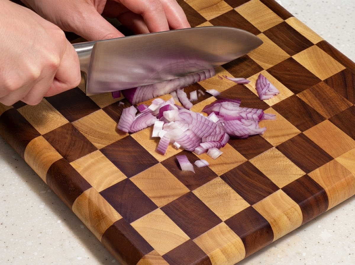 Un cuchillo cortando una cebolla morada en trozos pequeños sobre una tabla de cortar de madera a cuadros.