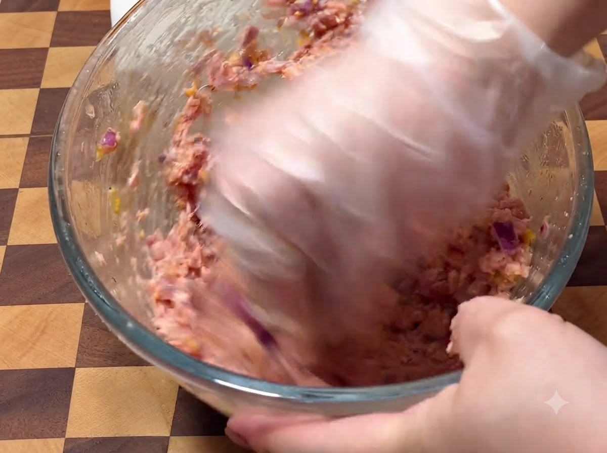 Una mano con guante mezclando vigorosamente la mezcla de carne para hamburguesa dentro de un tazón de vidrio.