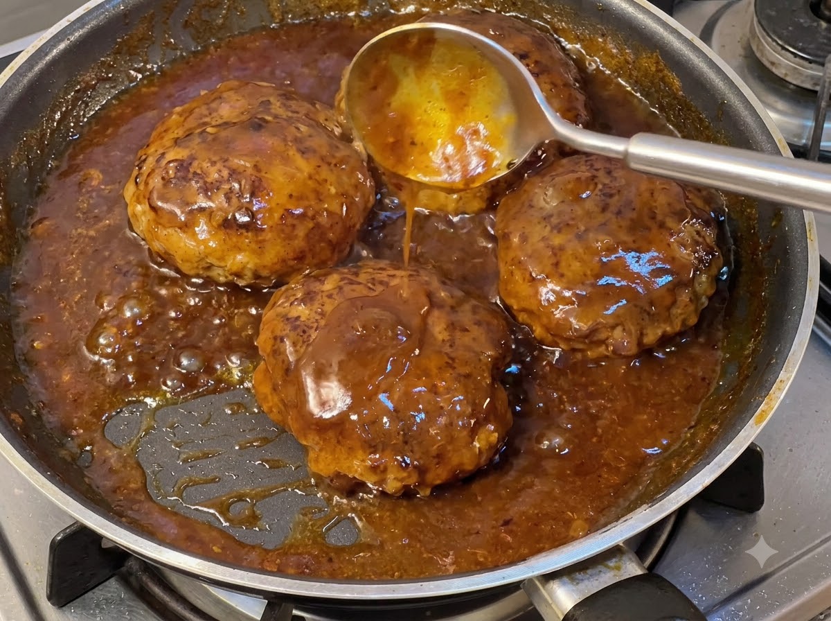Hamburguesas cocinándose a fuego lento en una rica salsa marrón burbujeante con una cuchara recogiendo salsa por encima.