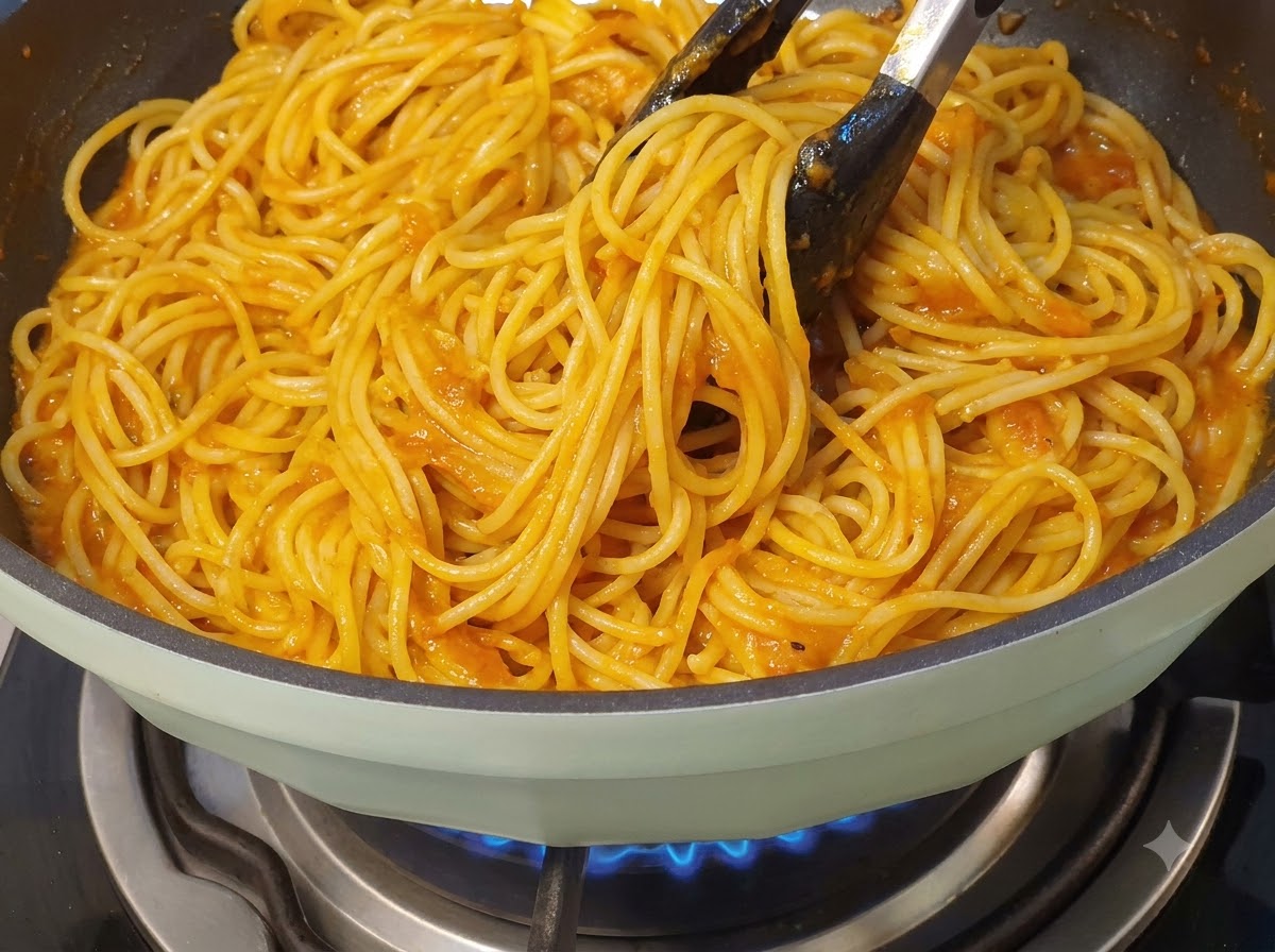 Pinzas mezclando bien los fideos de espagueti amarillo dentro de una sartén con mango verde llena de salsa de carne de color naranja rojizo.