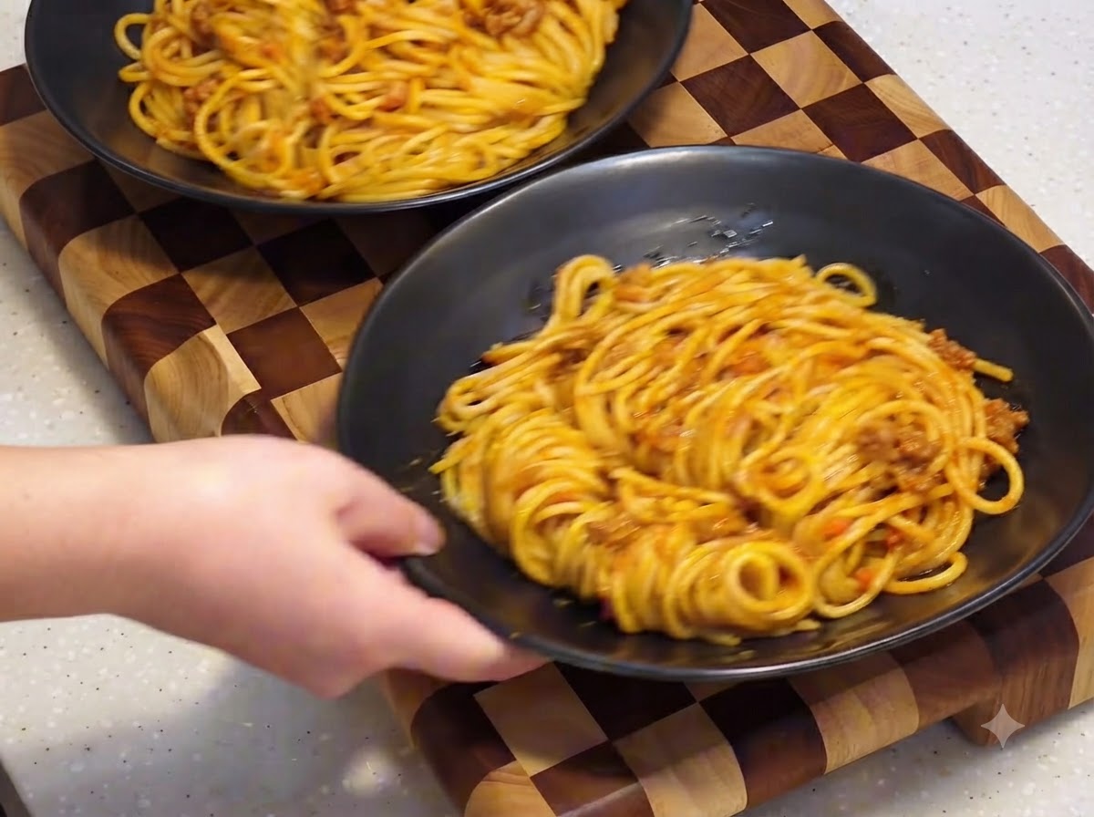 Manos colocando platos negros para servir llenos de espaguetis sobre una tabla de cortar a cuadros de madera.