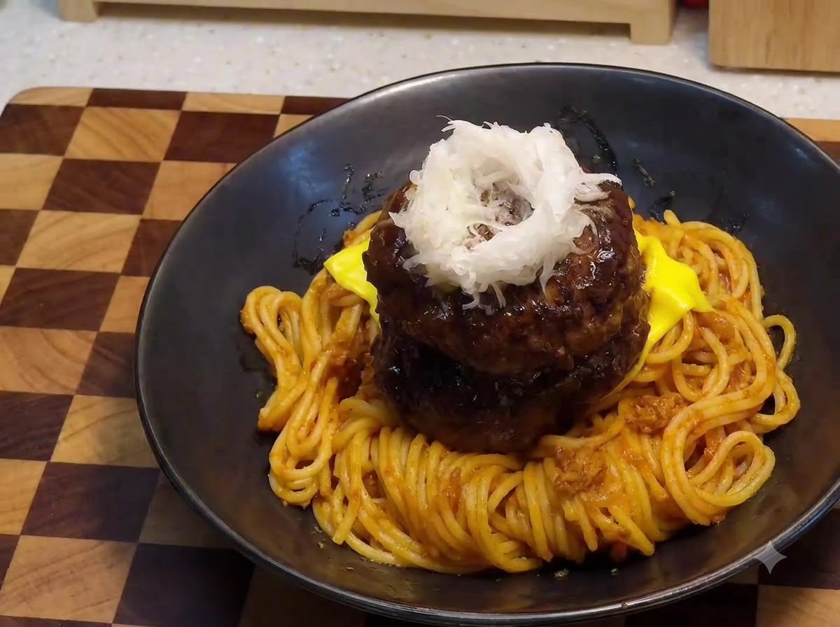 Una yema de huevo de codorniz cruda centrada sobre un montón de rábano daikon blanco rallado encima de hamburguesas apiladas.