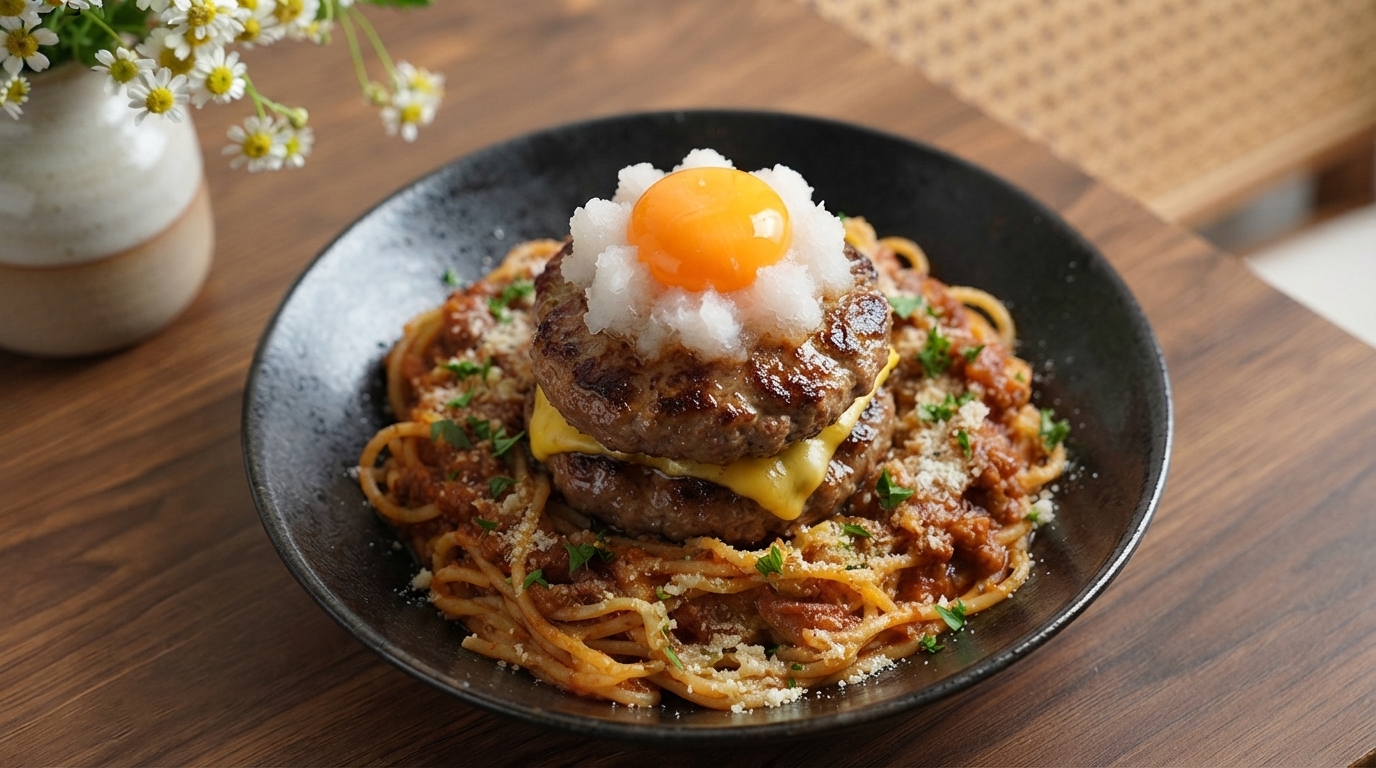 Pasta con Filete de Hamburguesa Doble y Ensalada de Quinoa con Camarones
