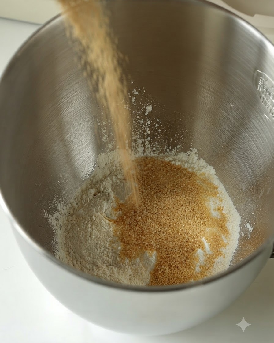 Leche vegetal vertiéndose en un bol mezclador con harina y azúcar moreno.