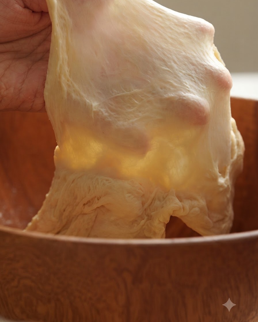 Masa siendo estirada finamente a mano para probar el desarrollo del gluten.